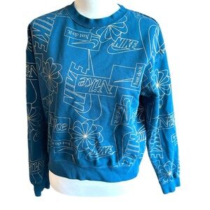 Nike Sweatshirt Women’s S Teal Blue w/ Gold‎ Allover Print Icon Clash Pullover